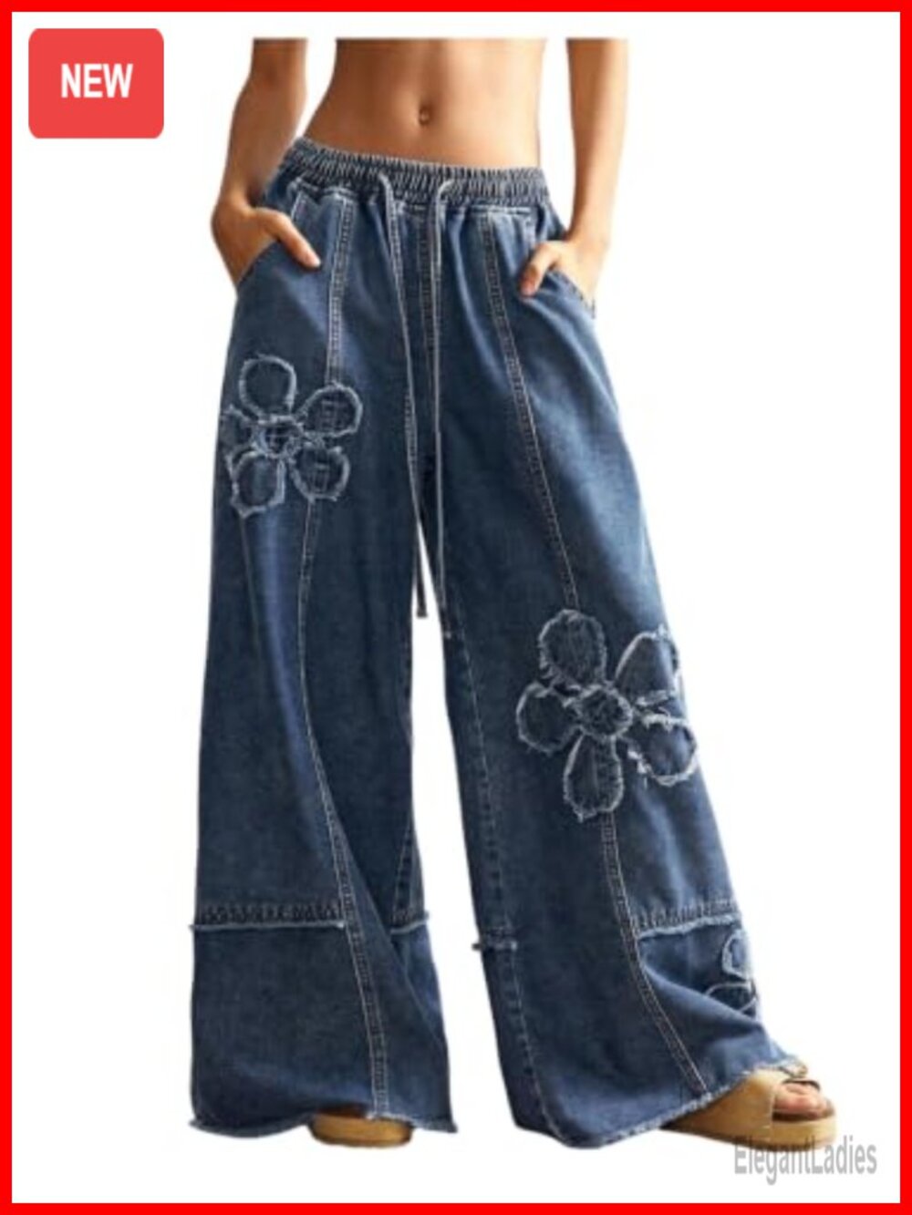 Y2K Baggy Wide Leg Jeans Floral Drawstring Low Rise Denim Pants